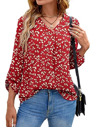 Yommay Langarm V Ausschnitt 3/4 Sleeve Oberteil Shirts Basic Casual Langarmshirts Ladies Chiffon Tops Longshirt(MM F Rot,EU XXL) von Yommay