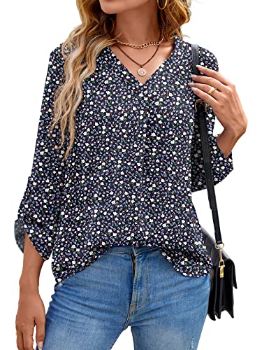 Yommay Langarm V Ausschnitt 3/4 Sleeve Oberteil Shirts Basic Casual Langarmshirts Ladies Chiffon Tops Longshirt(Sx F Marineblau,EU 3XL) von Yommay