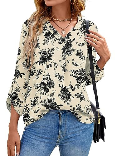 Yommay Langarm V Ausschnitt 3/4 Sleeve Oberteil Shirts Basic Casual Langarmshirts Ladies Chiffon Tops Longshirt(Weißer Druck,EU L) von Yommay