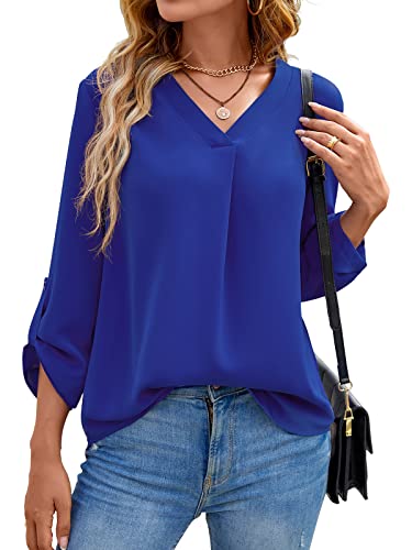 Yommay Langarm V Ausschnitt 3/4 Sleeve Oberteil Shirts Basic Casual Langarmshirts Ladies Chiffon Tops Longshirt(königsblau,EU S) von Yommay