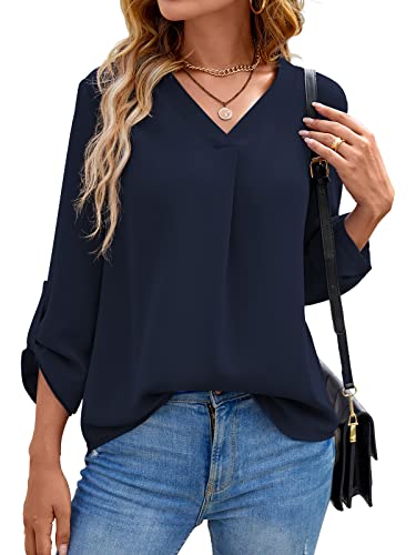 Yommay Langarm V Ausschnitt Oberteil Shirts Basic Casual Langarmshirts Ladies Chiffon Tops Longshirt(Navy Blau,EU M) von Yommay