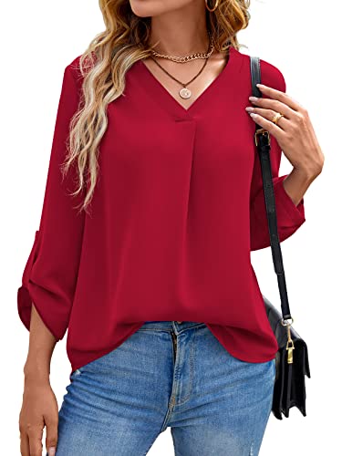 Yommay Langarm V Ausschnitt Oberteil Shirts Basic Casual Langarmshirts Ladies Chiffon Tops Longshirt(Rot,EU XXL) von Yommay