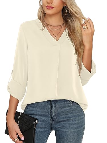 Yommay Langarmshirts für Damen Bluse Sommer Elegant V-Ausschnitt Tunika Longshirtt Oberteil Flowy Kurze Ärmel Chiffon Tops(Beige Weiß,EU M) von Yommay