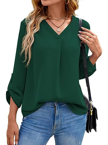 Yommay Langarmshirts für Damen Bluse Sommer Elegant V-Ausschnitt Tunika Longshirtt Oberteil Flowy Kurze Ärmel Chiffon Tops(Dunkelgrün,EU 3XL) von Yommay
