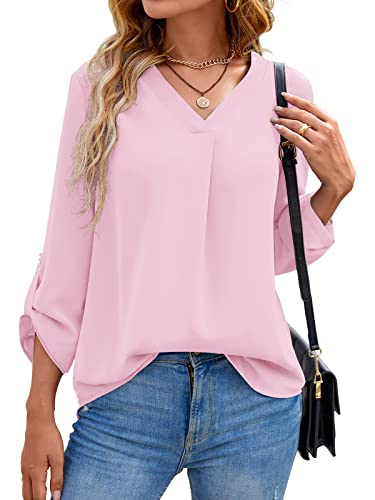 Yommay Langarmshirts für Damen Bluse Sommer Elegant V-Ausschnitt Tunika Longshirtt Oberteil Flowy Kurze Ärmel Chiffon Tops(Hellrosa,EU L) von Yommay