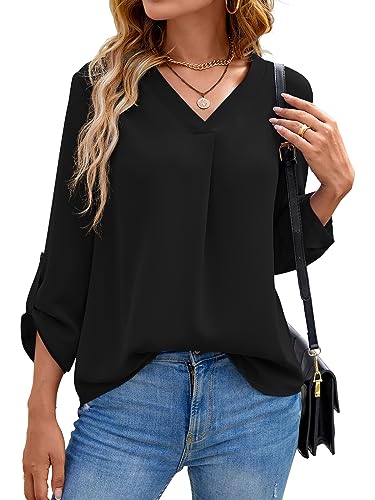 Yommay Langarmshirts für Damen Bluse Sommer Elegant V-Ausschnitt Tunika Longshirtt Oberteil Flowy Kurze Ärmel Chiffon Tops(Schwarz,EU 3XL) von Yommay