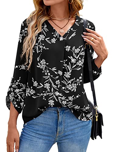 Yommay Langarmshirts für Damen Bluse Sommer Elegant V-Ausschnitt Tunika Longshirtt Oberteil Flowy Kurze Ärmel Chiffon Tops(Schwarze Blätter,EU L) von Yommay