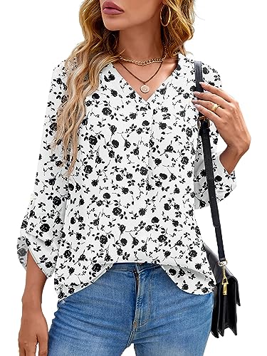 Yommay Langarmshirts für Damen Bluse Sommer Elegant V-Ausschnitt Tunika Longshirtt Oberteil Flowy Kurze Ärmel Chiffon Tops(Weiße Rose,EU 3XL) von Yommay