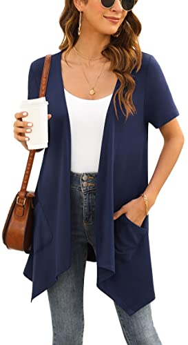 Yommay Plus Size Strickjacken für Damen Elegant Solide Kurzen Ärmel Strickjacke Casual Sommer Leichter Lockere Cardigan mit Taschen,Navy Blau,XXX-Large von Yommay