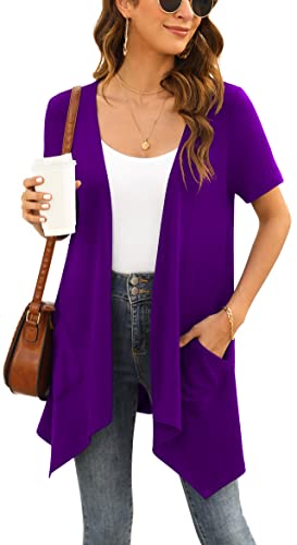 Yommay Plus Size Strickjacken für Damen Elegant Solide Kurzen Ärmel Strickjacke Casual Sommer Leichter Lockere Cardigan mit Taschen,Violett,XXX-Large von Yommay