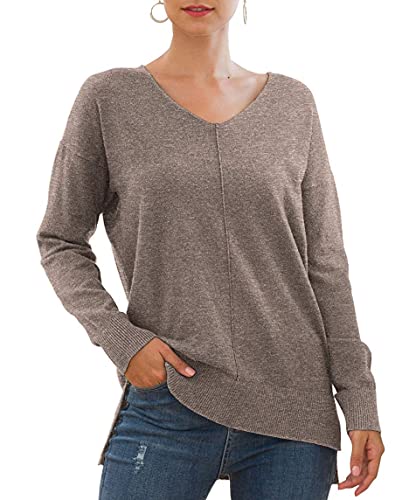 Yommay Pullover für Damen mit V-Ausschnitt Leichtgewicht Langärmeliger Elegant Knitted Sweater Strickpullover Warme Fashion für Winter,Braun,M von Yommay