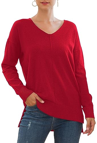 Yommay Pullover für Damen mit V-Ausschnitt Leichtgewicht Langärmeliger Elegant Knitted Sweater Strickpullover Warme Fashion für Winter,D Rot,S von Yommay