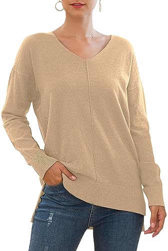 Yommay Pullover für Damen mit V-Ausschnitt Leichtgewicht Langärmeliger Elegant Knitted Sweater Strickpullover Warme Fashion für Winter,Khaki,M von Yommay