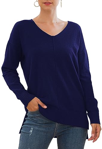 Yommay Pullover für Damen mit V-Ausschnitt Leichtgewicht Langärmeliger Elegant Knitted Sweater Strickpullover Warme Fashion für Winter,Marineblau,L von Yommay