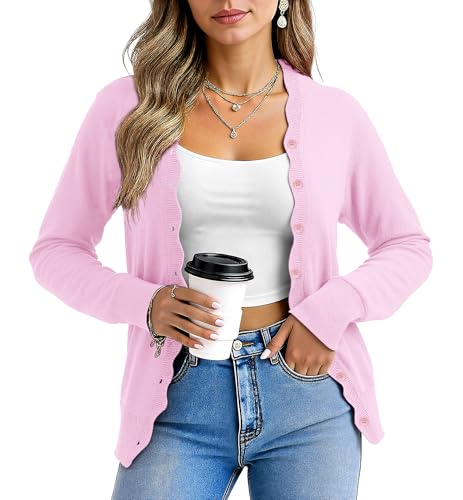 Yommay Strickjacke für Damen Elegante Einzigartig Frauen Herbst Langarm locker lässig leichtes V-Ausschnitt Pullover Cardigan,Rosa,XL von Yommay