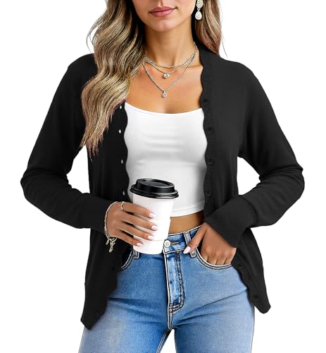 Yommay Strickjacke für Damen Elegante Einzigartig Frauen Herbst Langarm locker lässig leichtes V-Ausschnitt Pullover Cardigan,Schwarz,M von Yommay