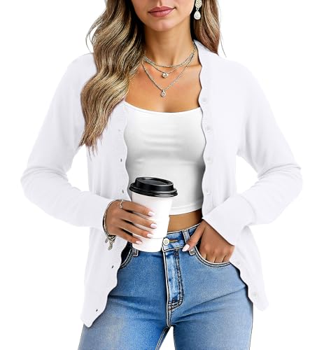 Yommay Strickjacke für Damen Elegante Einzigartig Frauen Herbst Langarm locker lässig leichtes V-Ausschnitt Pullover Cardigan,Weiß,XL von Yommay