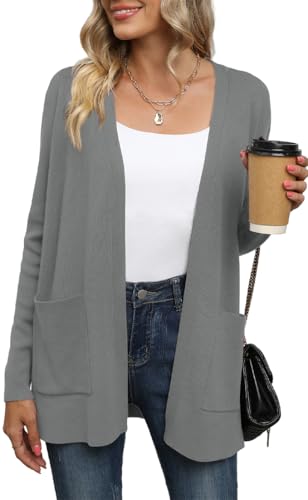 Yommay Strickjacke für Damen Elegante locker lässig leichtes Frauen Herbst Langarm Pullover mit Taschen,Dunkelgrau,M von Yommay