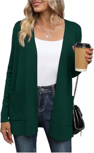 Yommay Strickjacke für Damen Elegante locker lässig leichtes Frauen Herbst Langarm Pullover mit Taschen,Dunkelgrün,XXL von Yommay