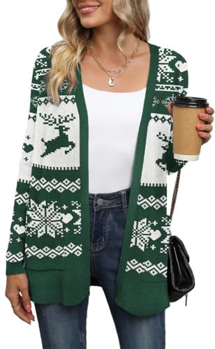 Yommay Strickjacke für Damen Elegante locker lässig leichtes Frauen Herbst Langarm Pullover mit Taschen,F Weihnachtsgrün,XXL von Yommay