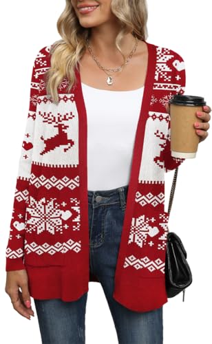 Yommay Strickjacke für Damen Elegante locker lässig leichtes Frauen Herbst Langarm Pullover mit Taschen,F Weihnachtsrot,L Yommay Strickjacke für Damen Elegante locker lässig leichtes Frauen Herbst Langarm Pullover mit Taschen,F Weihnachtsrot,L von Yommay