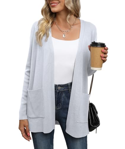 Yommay Strickjacke für Damen Elegante locker lässig leichtes Frauen Herbst Langarm Pullover mit Taschen,Hellgrau,XXL Yommay Strickjacke für Damen Elegante locker lässig leichtes Frauen Herbst Langarm Pullover mit Taschen,Hellgrau,XXL von Yommay