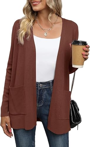 Yommay Strickjacke für Damen Elegante locker lässig leichtes Frauen Herbst Langarm Pullover mit Taschen,Kaffee,S Yommay Strickjacke für Damen Elegante locker lässig leichtes Frauen Herbst Langarm Pullover mit Taschen,Kaffee,S von Yommay