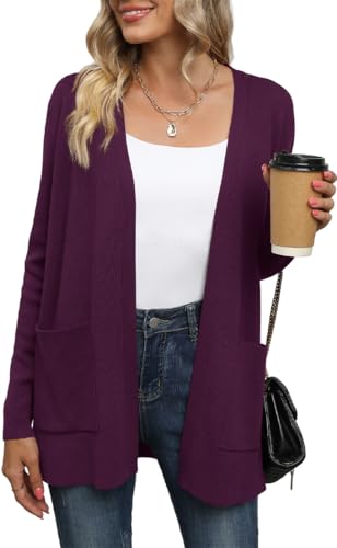 Yommay Strickjacke für Damen Elegante locker lässig leichtes Frauen Herbst Langarm Pullover mit Taschen,Lila,L von Yommay