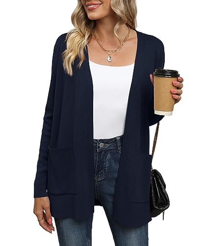 Yommay Strickjacke für Damen Elegante locker lässig leichtes Frauen Herbst Langarm Pullover mit Taschen,Marineblau,M von Yommay