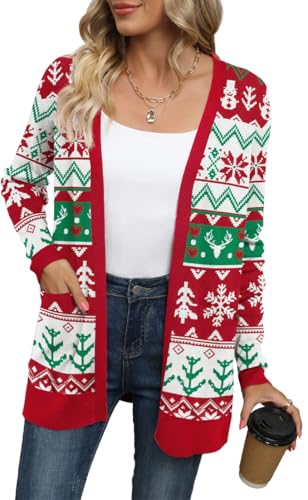 Yommay Strickjacke für Damen Elegante locker lässig leichtes Frauen Herbst Langarm Pullover mit Taschen,Rot-grüne Weihnachtselemente,XXL von Yommay