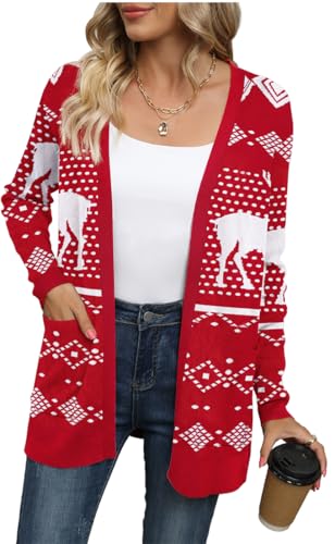 Yommay Strickjacke für Damen Elegante locker lässig leichtes Frauen Herbst Langarm Pullover mit Taschen,Roter Weihnachtselch,3XL Yommay Strickjacke für Damen Elegante locker lässig leichtes Frauen Herbst Langarm Pullover mit Taschen,Roter Weihnachtselch,3XL von Yommay