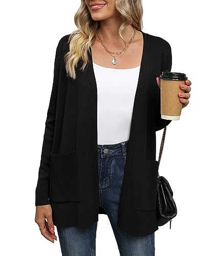 Yommay Strickjacke für Damen Elegante locker lässig leichtes Frauen Herbst Langarm Pullover mit Taschen,Schwarz,L von Yommay