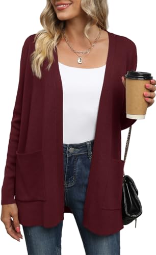 Yommay Strickjacke für Damen Elegante locker lässig leichtes Frauen Herbst Langarm Pullover mit Taschen,Weinrot,M von Yommay