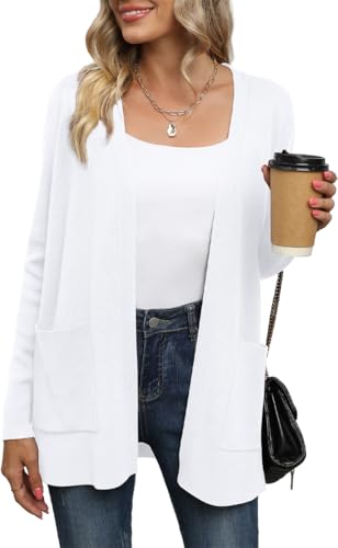 Yommay Strickjacke für Damen Elegante locker lässig leichtes Frauen Herbst Langarm Pullover mit Taschen,Weiß,M von Yommay
