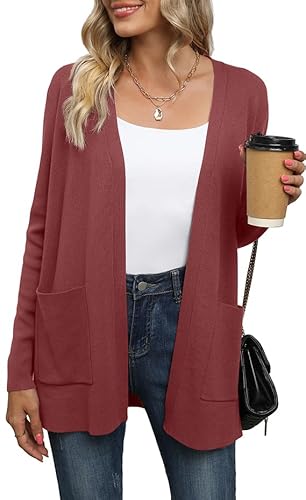 Yommay Strickjacke für Damen Elegante locker lässig leichtes Frauen Herbst Langarm Pullover mit Taschen,Z Dunkel Rot,S von Yommay