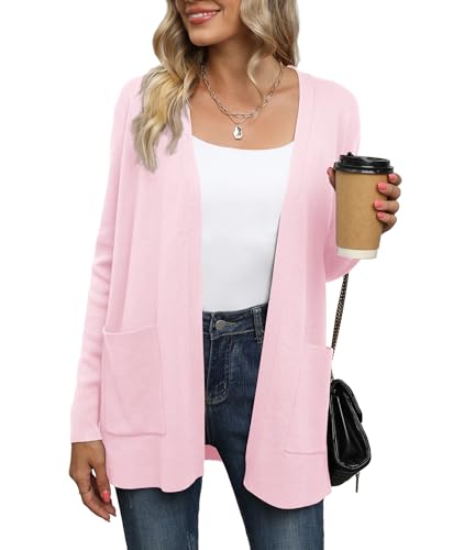 Yommay Strickjacke für Damen Elegante locker lässig leichtes Frauen Herbst Langarm Pullover mit Taschen,Z Rosa,XXL von Yommay