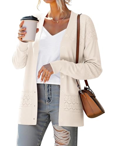 Yommay Strickjacke für Damen Elegante locker lässig leichtes V-Ausschnitt Frauen Herbst Langarm Pullover Klassisch Cardigan,Beige,2XL von Yommay