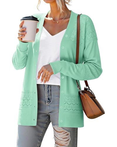 Yommay Strickjacke für Damen Elegante locker lässig leichtes V-Ausschnitt Frauen Herbst Langarm Pullover Klassisch Cardigan,Hellgrün,S von Yommay