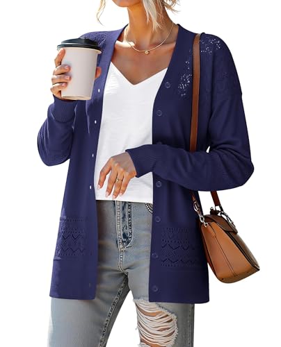 Yommay Strickjacke für Damen Elegante locker lässig leichtes V-Ausschnitt Frauen Herbst Langarm Pullover Klassisch Cardigan,Marineblau,S von Yommay