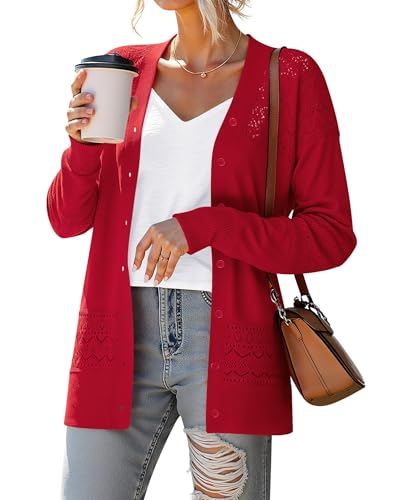 Yommay Strickjacke für Damen Elegante locker lässig leichtes V-Ausschnitt Frauen Herbst Langarm Pullover Klassisch Cardigan,Rot,L von Yommay