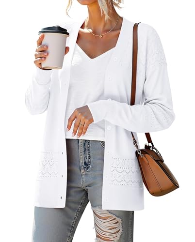 Yommay Strickjacke für Damen Elegante locker lässig leichtes V-Ausschnitt Frauen Herbst Langarm Pullover Klassisch Cardigan,Weiß,L von Yommay