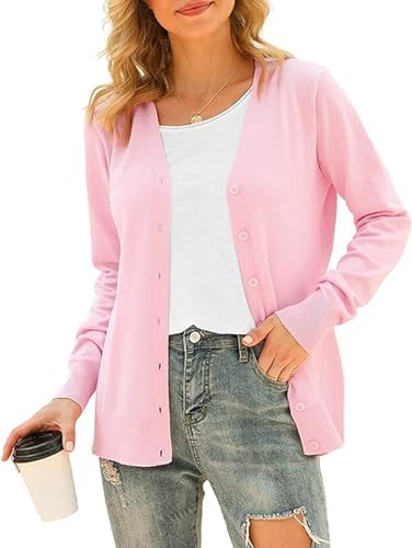 Yommay Strickjacke für Damen Herbst Winter Weich Leichter Langarm Cardigans Daily Casual V-Ausschnitt Strickpullover mit Knopf,Rosa,3XL von Yommay