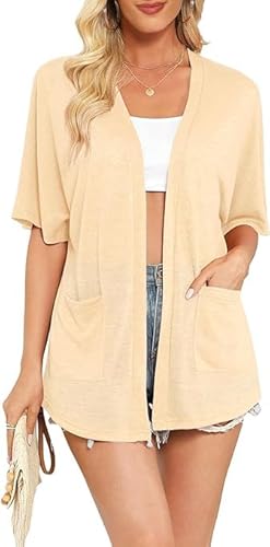 Yommay Strickjacke für Damen Sommer Leicht Kurzarm Atmungsaktiv und Sonnenschutz Frühling Herbst Cardigan,Aprikose,XL von Yommay