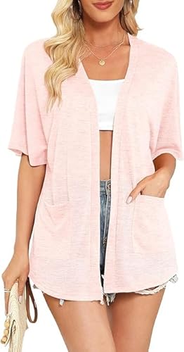 Yommay Strickjacke für Damen Sommer Leicht Kurzarm Atmungsaktiv und Sonnenschutz Frühling Herbst Cardigan,Hellrosa,M von Yommay