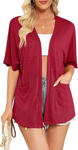 Yommay Strickjacke für Damen Sommer Leicht Kurzarm Atmungsaktiv und Sonnenschutz Frühling Herbst Cardigan,Kastanienbraun,XXL von Yommay