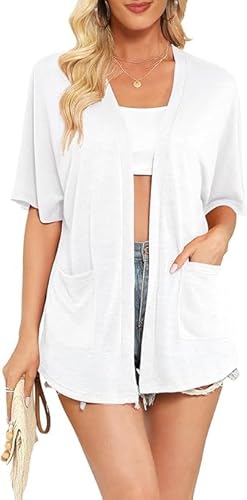 Yommay Strickjacke für Damen Sommer Leicht Kurzarm Atmungsaktiv und Sonnenschutz Frühling Herbst Cardigan,Weiß,XL von Yommay