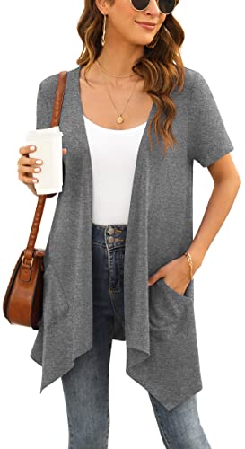Yommay Strickjacken für Damen Elegant Solide Kurzen Ärmel Strickjacke Casual Sommer Leichter Lockere Cardigan mit Taschen,Dunkelgrau,Klein von Yommay