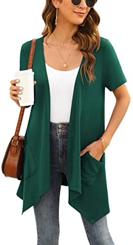 Yommay Strickjacken für Damen Elegant Solide Kurzen Ärmel Strickjacke Casual Sommer Leichter Lockere Cardigan mit Taschen,Dunkelgrün,Klein von Yommay