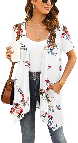 Yommay Strickjacken für Damen Elegant Solide Kurzen Ärmel Strickjacke Casual Sommer Leichter Lockere Cardigan mit Taschen,Floral Off Weiß,Klein von Yommay