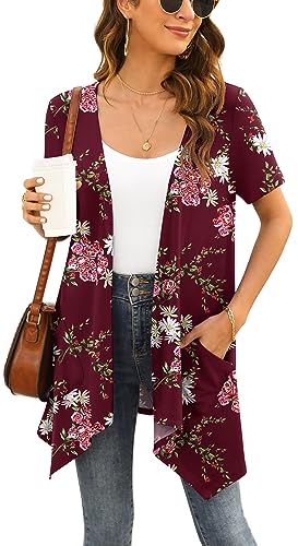 Yommay Strickjacken für Damen Elegant Solide Kurzen Ärmel Strickjacke Casual Sommer Leichter Lockere Cardigan mit Taschen,Floral Weinrot,XX-Large von Yommay